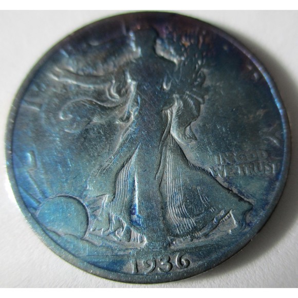 1936 Walking Liberty Half Dollar 90% Silver 50c COLORED Rainbow Toning US Coin - Picture 3 of 6